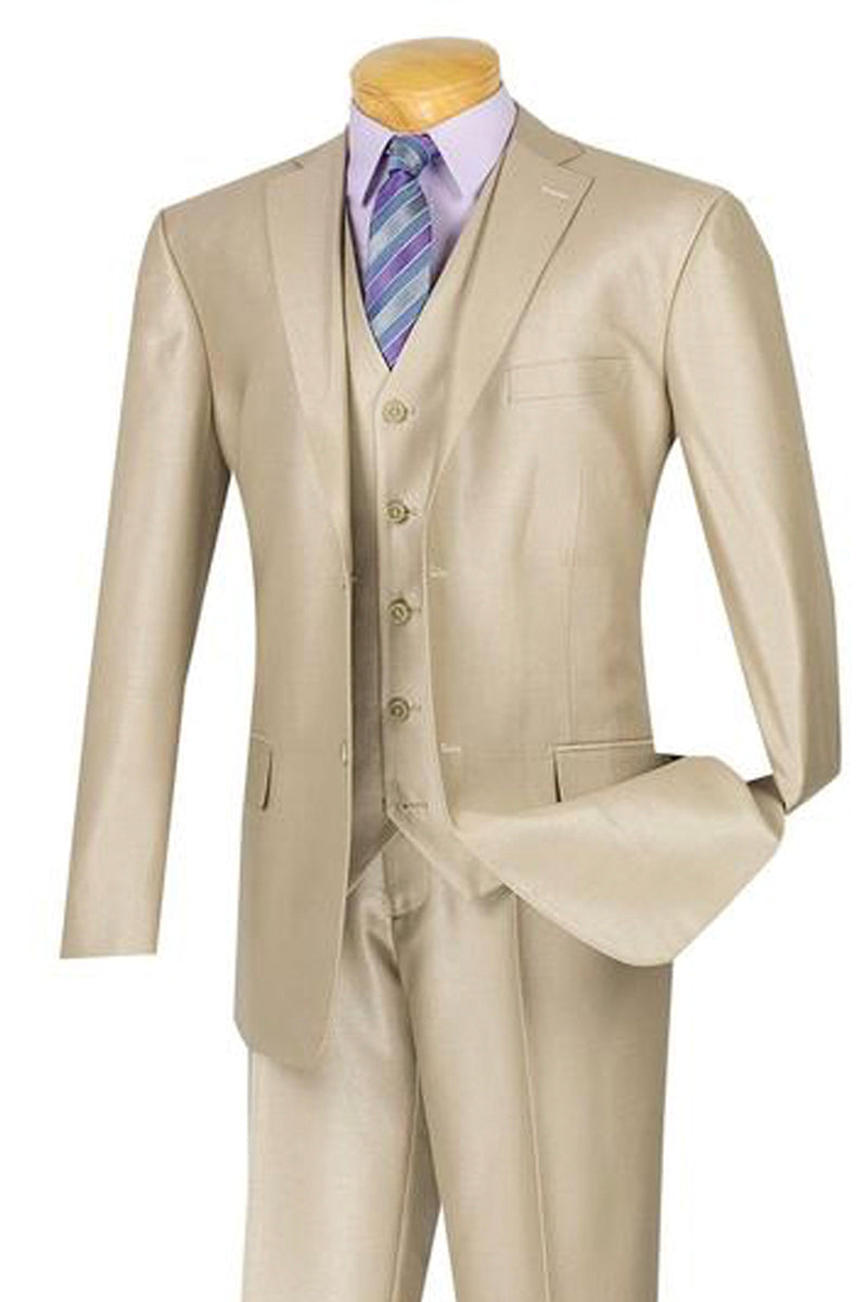 Mens Classic Vested Shiny Sharkskin Suit in Beige alligatorwarehouse