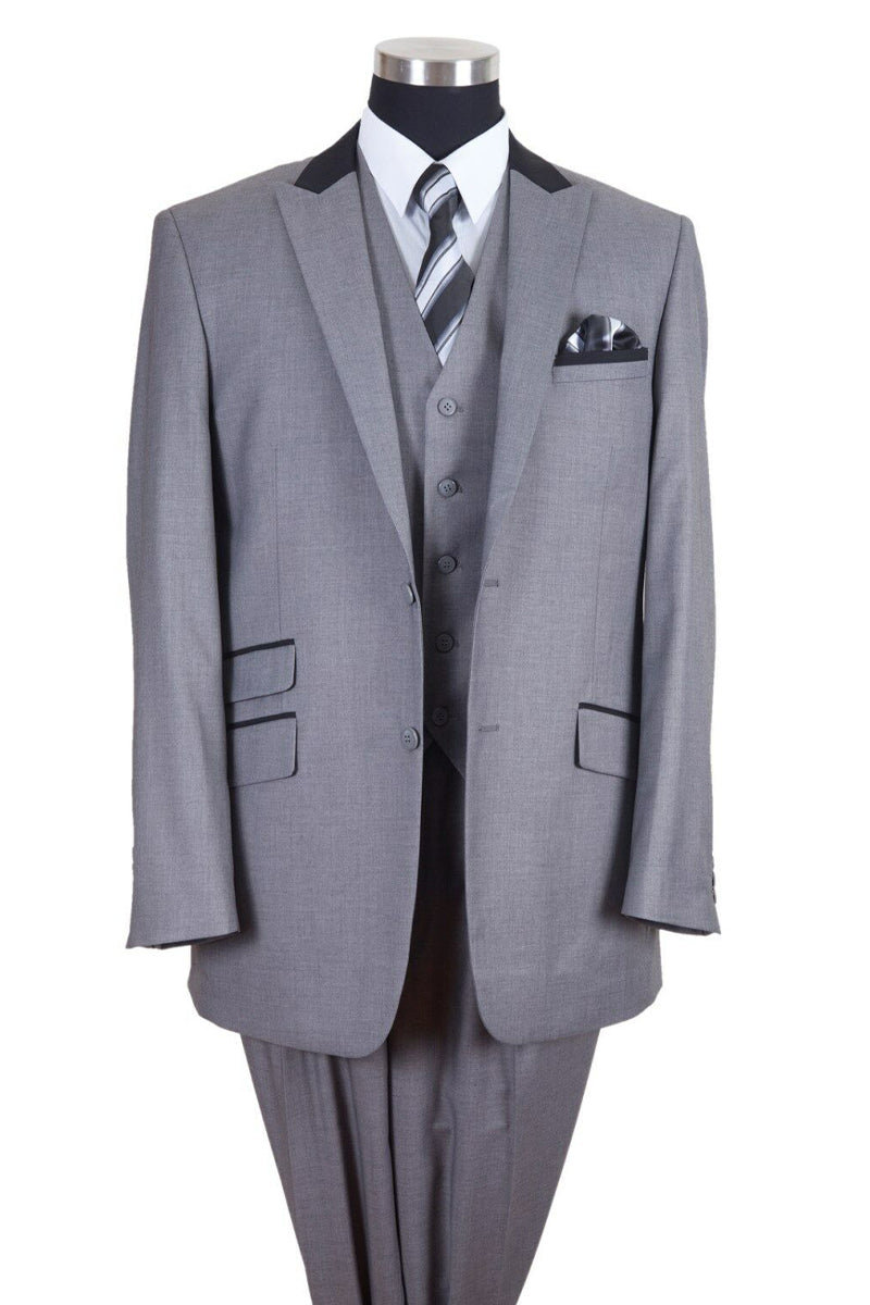 Mens Vested Peak Lapel with Contrast Collar Suit in Grey/Black