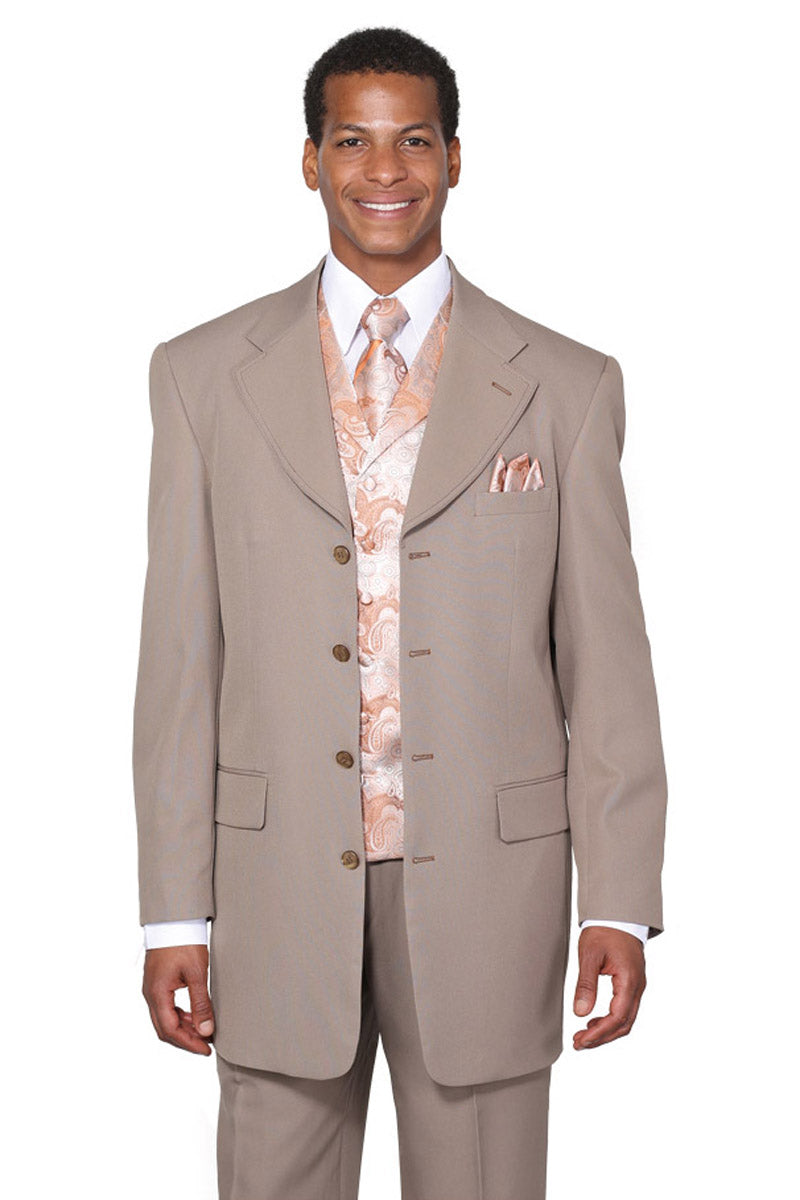 Mens 3/4 Length 4 button Contrast Stitching Suit with Paisley Vest in Tan