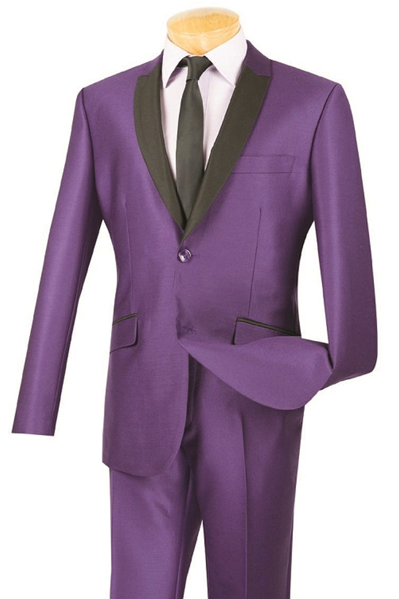 Mens 2 Buttton Slim Contrast Peak Lapel Tuxedo in Purple