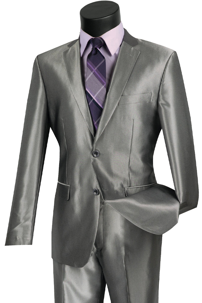 Mens 2 Button Slim Fit Shiny Sharkskin Suit in Grey