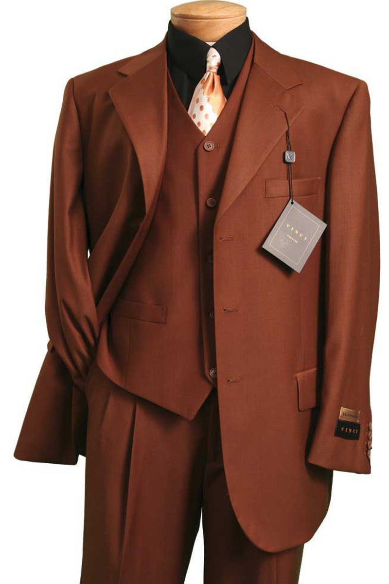 Mens 2 Button Vested Basic Wool Feel Suit in Cognac