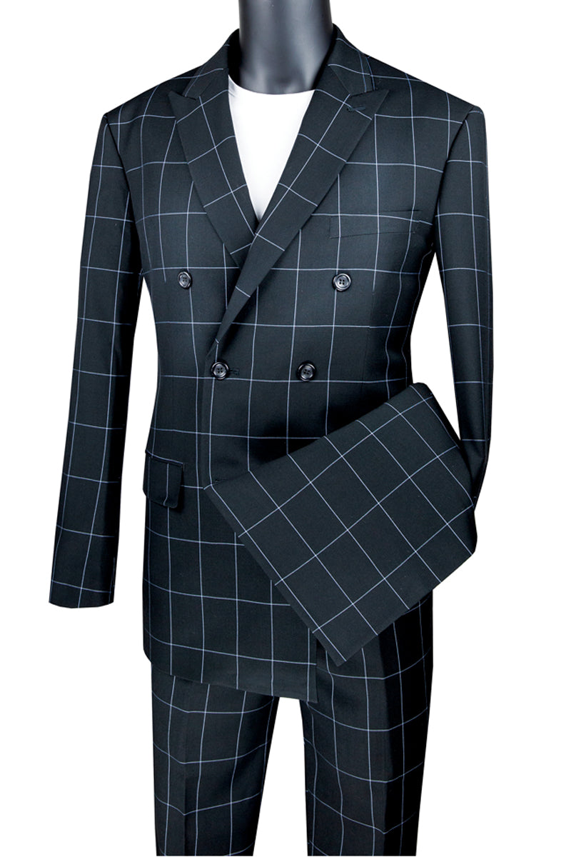 Mens Double Breasted Bold Windowpane Suit in Black