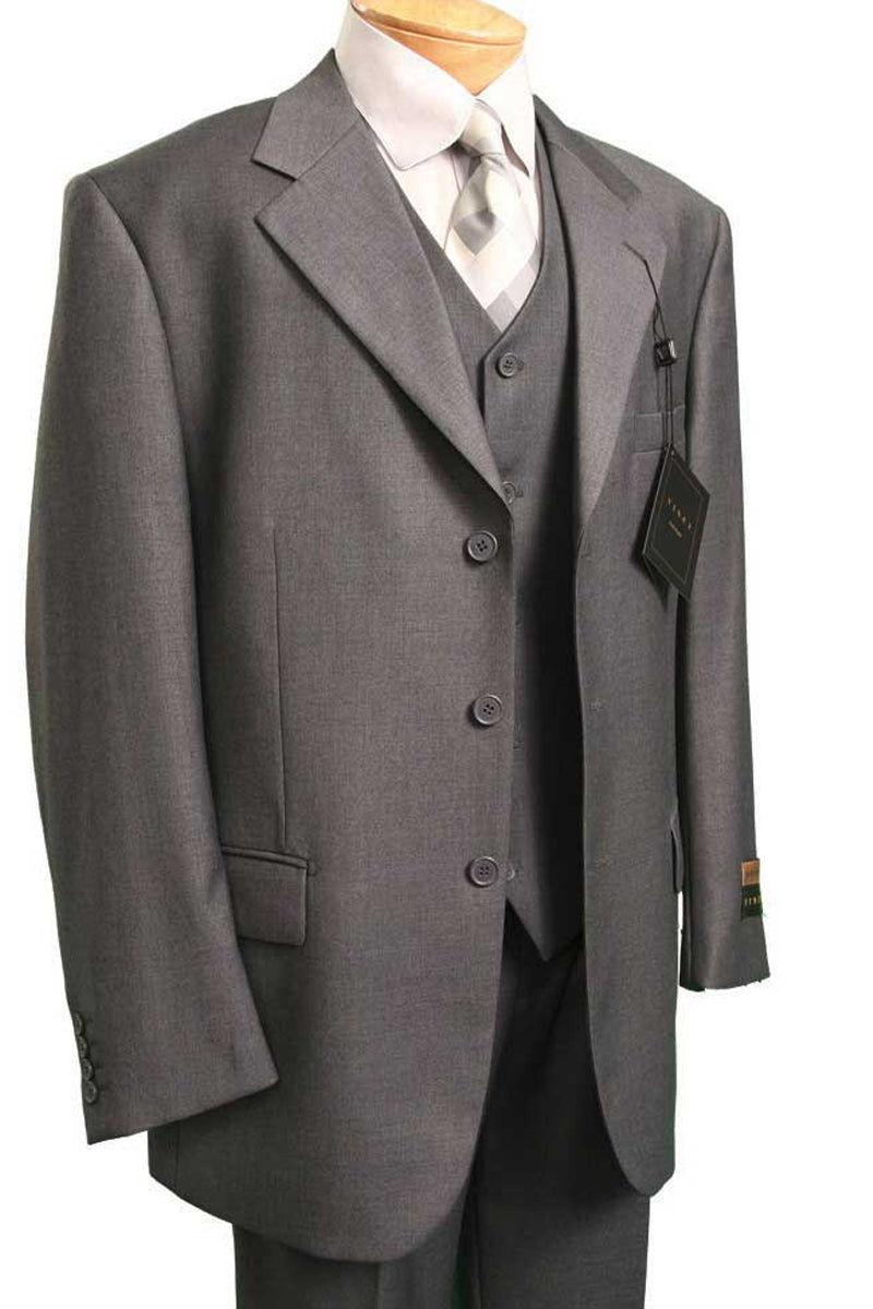 Mens 3 Button Vested Basic Wool Feel Suit in Heather Grey