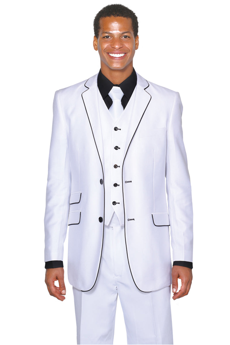 Mens 2 Button Vested Sharkskin Suit with Contrast Trim in White