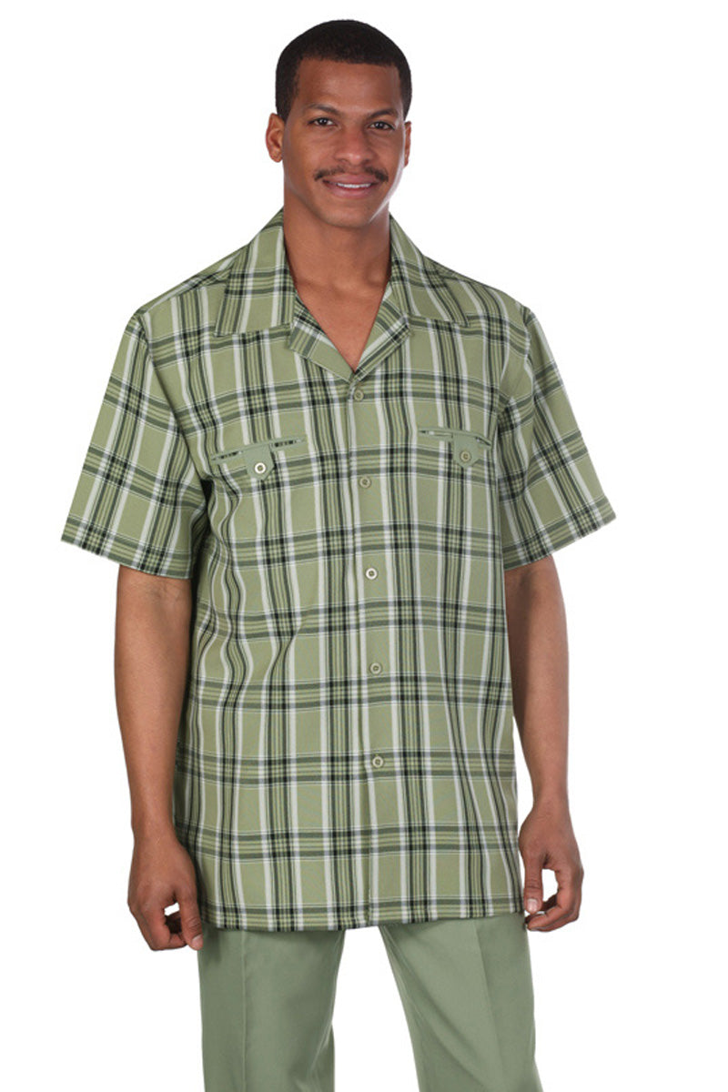 Mens Short Sleeve Plaid Walking Suit in Olive