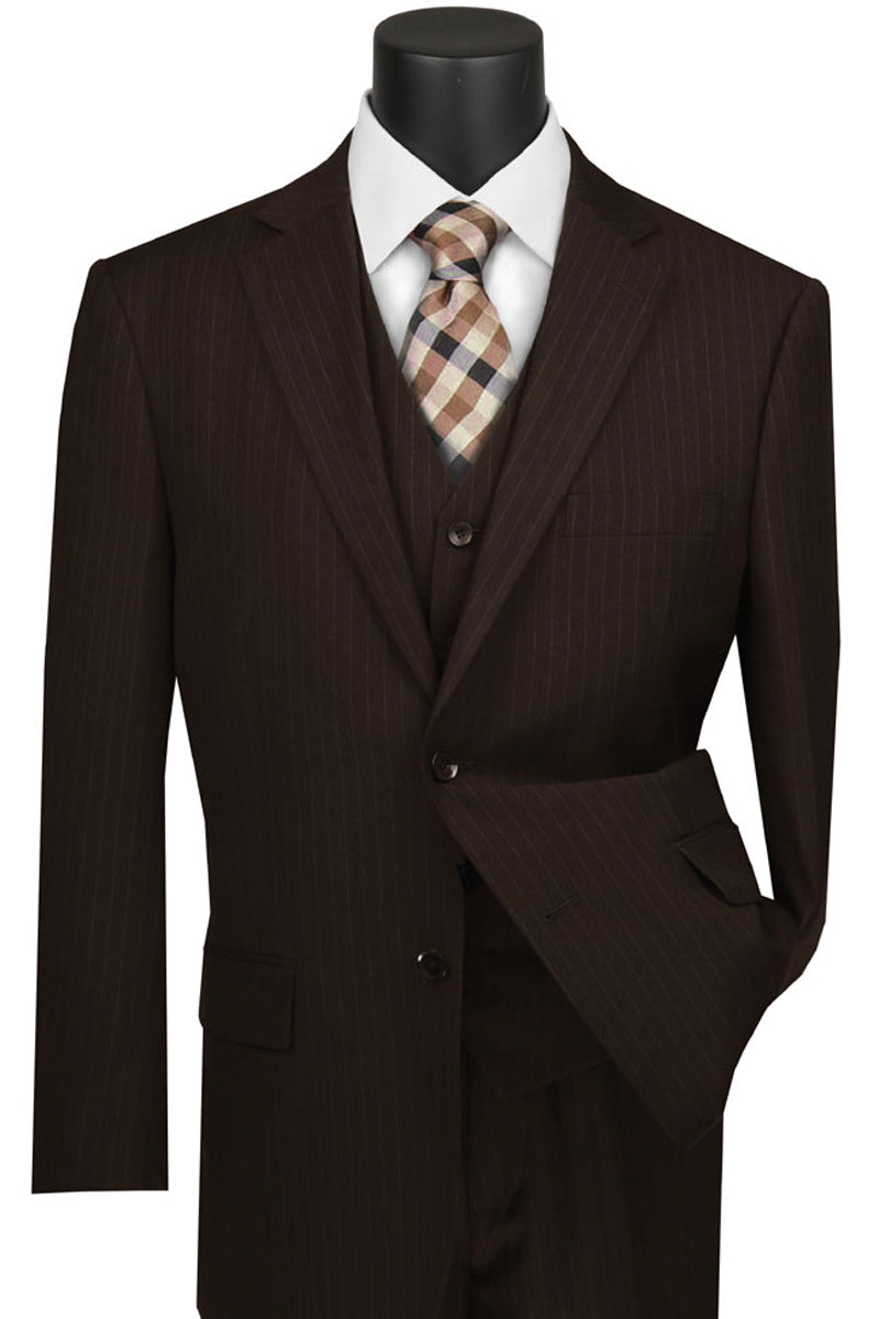 Mens Classic Vested Pinstripe Suit in Brown