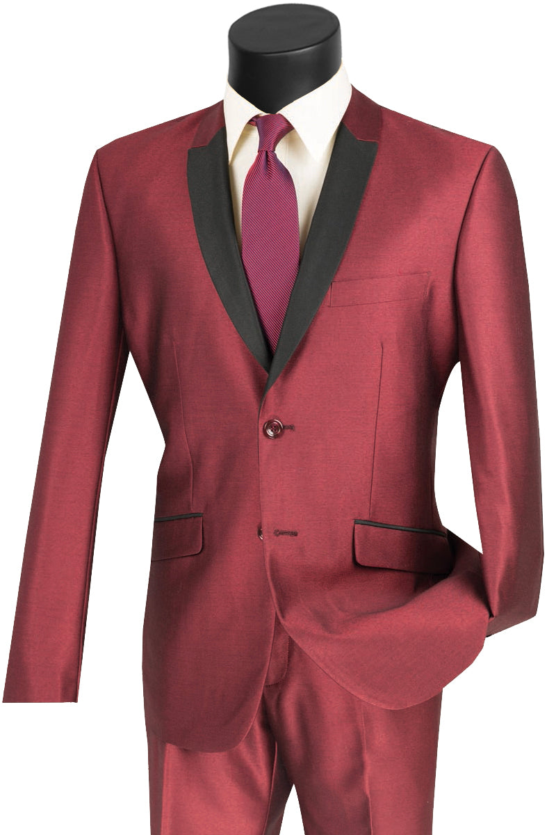 Mens 2 Buttton Slim Contrast Peak Lapel Tuxedo in Burgundy