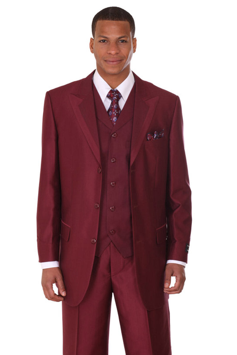 Mens 3 Button Fashion Suit with Wide Trimmed Peak Lapel in Burgundy