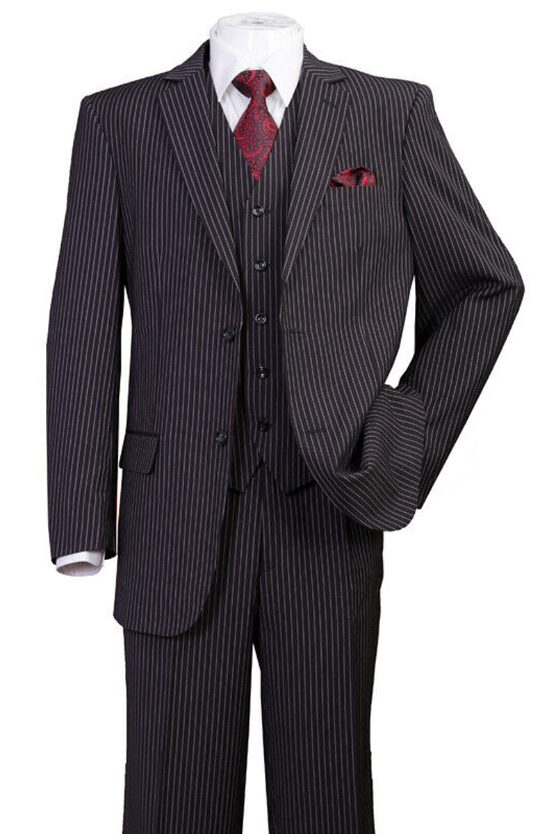 Mens 2 Button Vested Bold Gangster Pinstripe Suit in Black ...