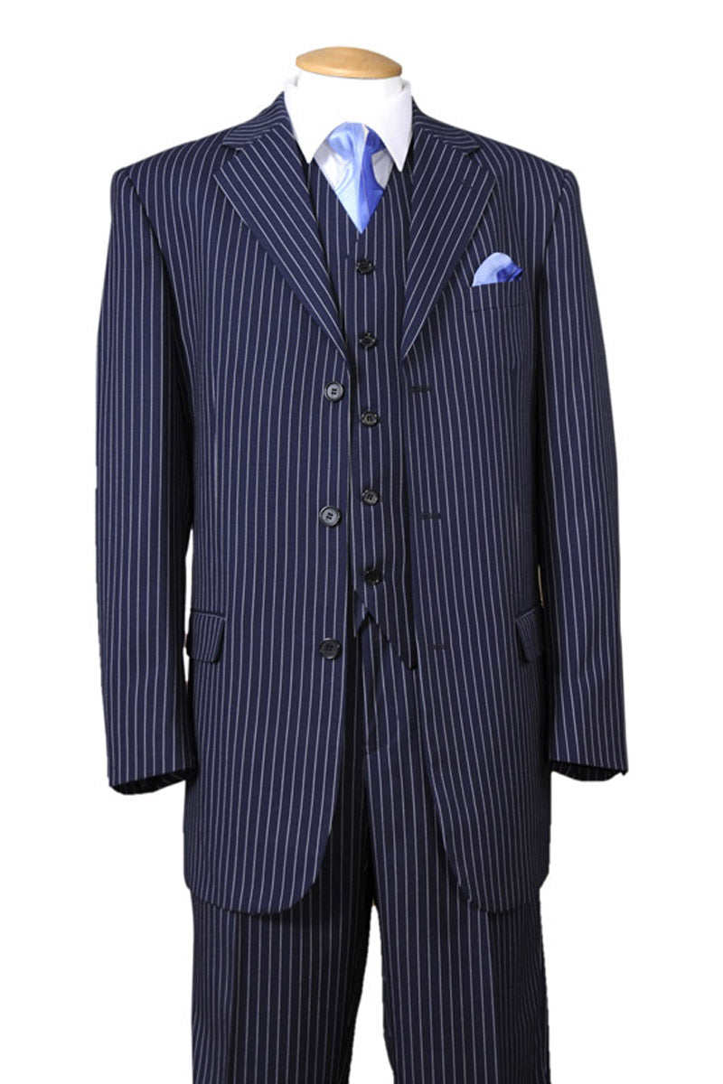 Mens Vested 3 Button 1920's Bold Gangster Chalk Pinstripe Suit in Navy