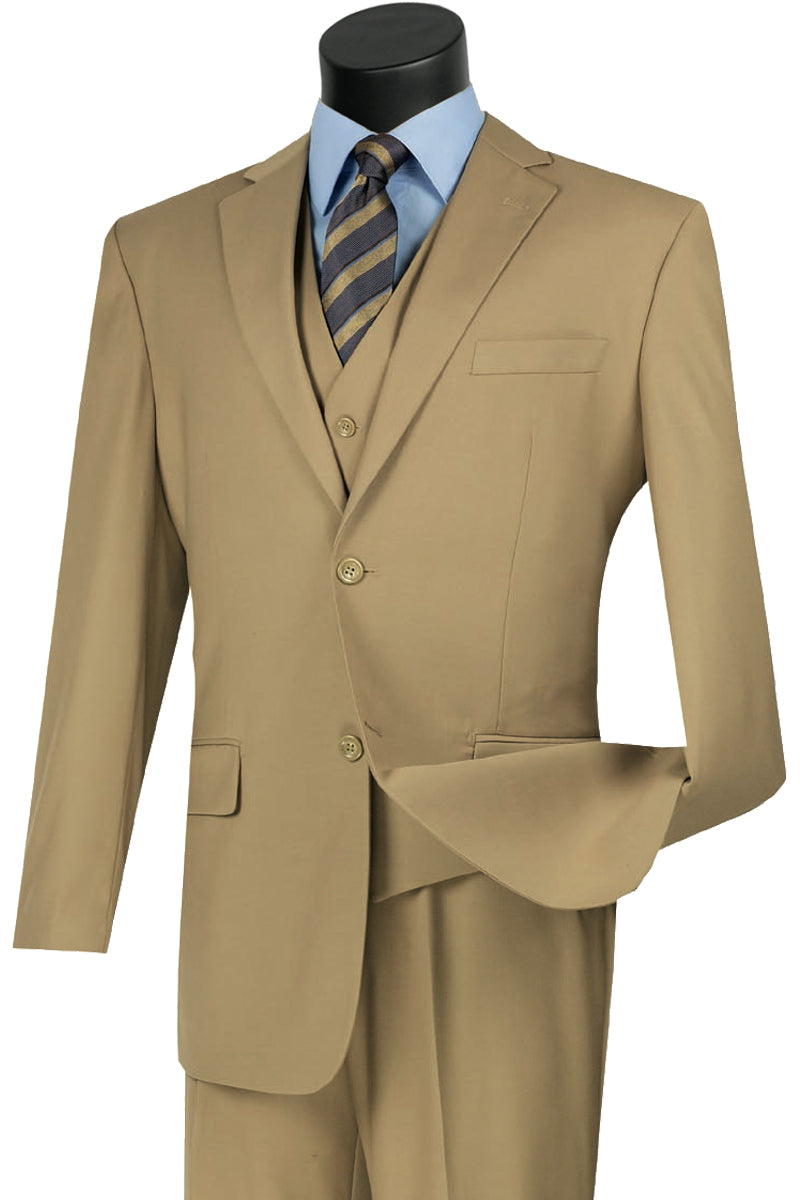 Mens Classic Fit Flat Front Vested Suit in Khaki