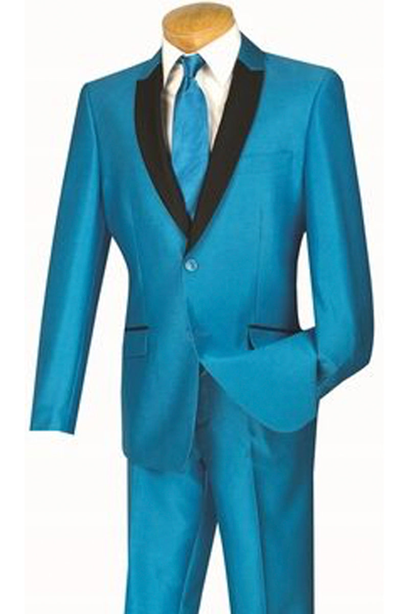 Mens 2 Buttton Slim Contrast Peak Lapel Tuxedo in Turquoise