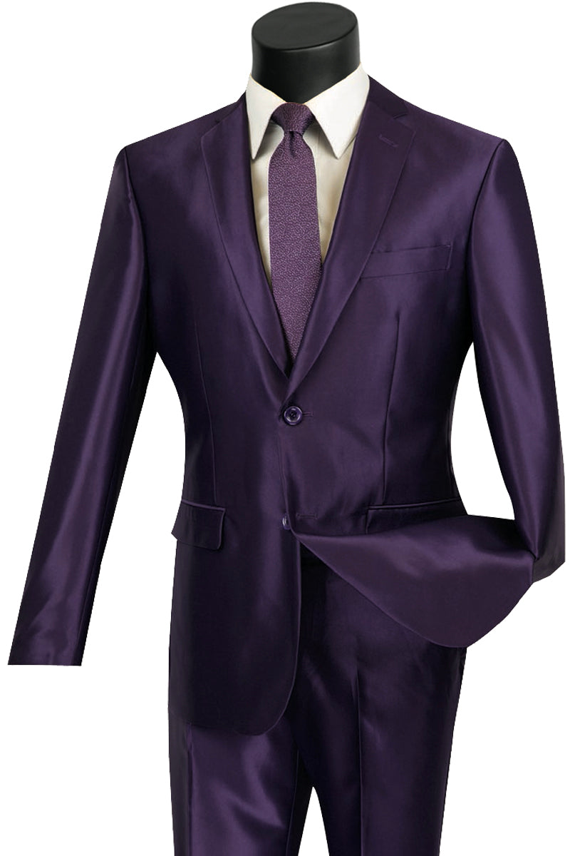 Mens 2 Button Slim Fit Shiny Sharkskin Suit in Purple