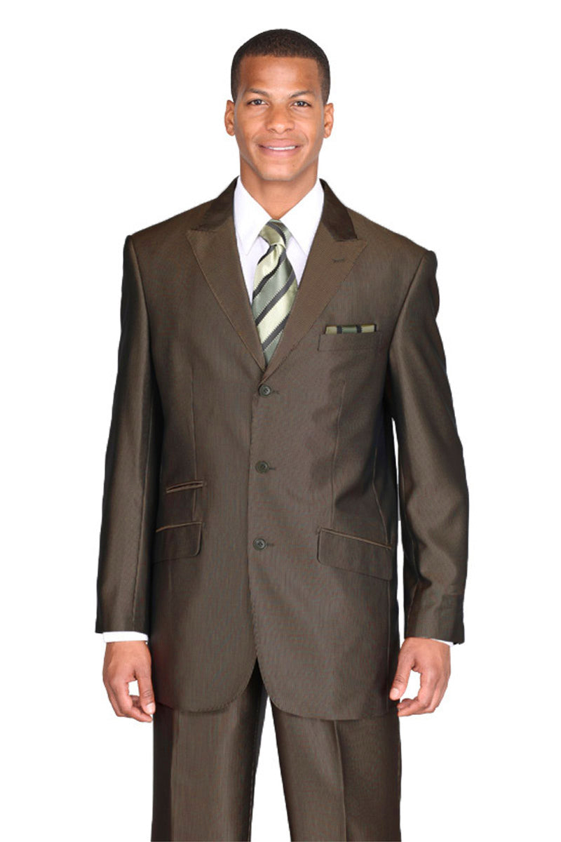 Mens 3 Button Classic Fit Tonal Sharkskin Peak Lapel Suit in Brown