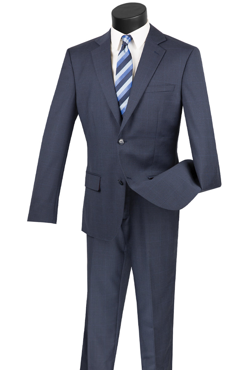 Mens Modern Fit 2 Button 100% Wool Windowpane Suit in Navy