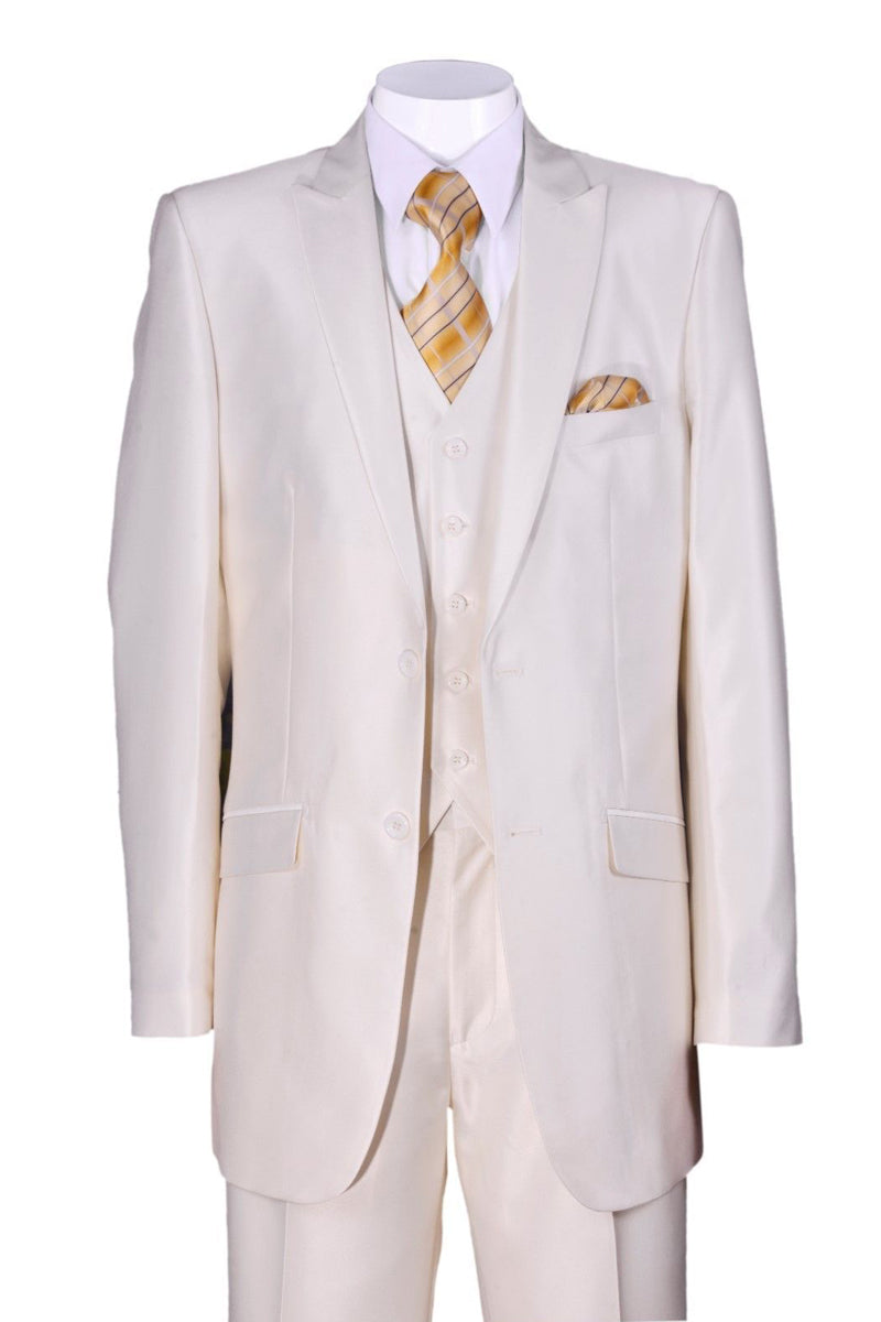 Mens 2 Button Vested Peak Lapel Shiny Sharkskin Suit in Cream