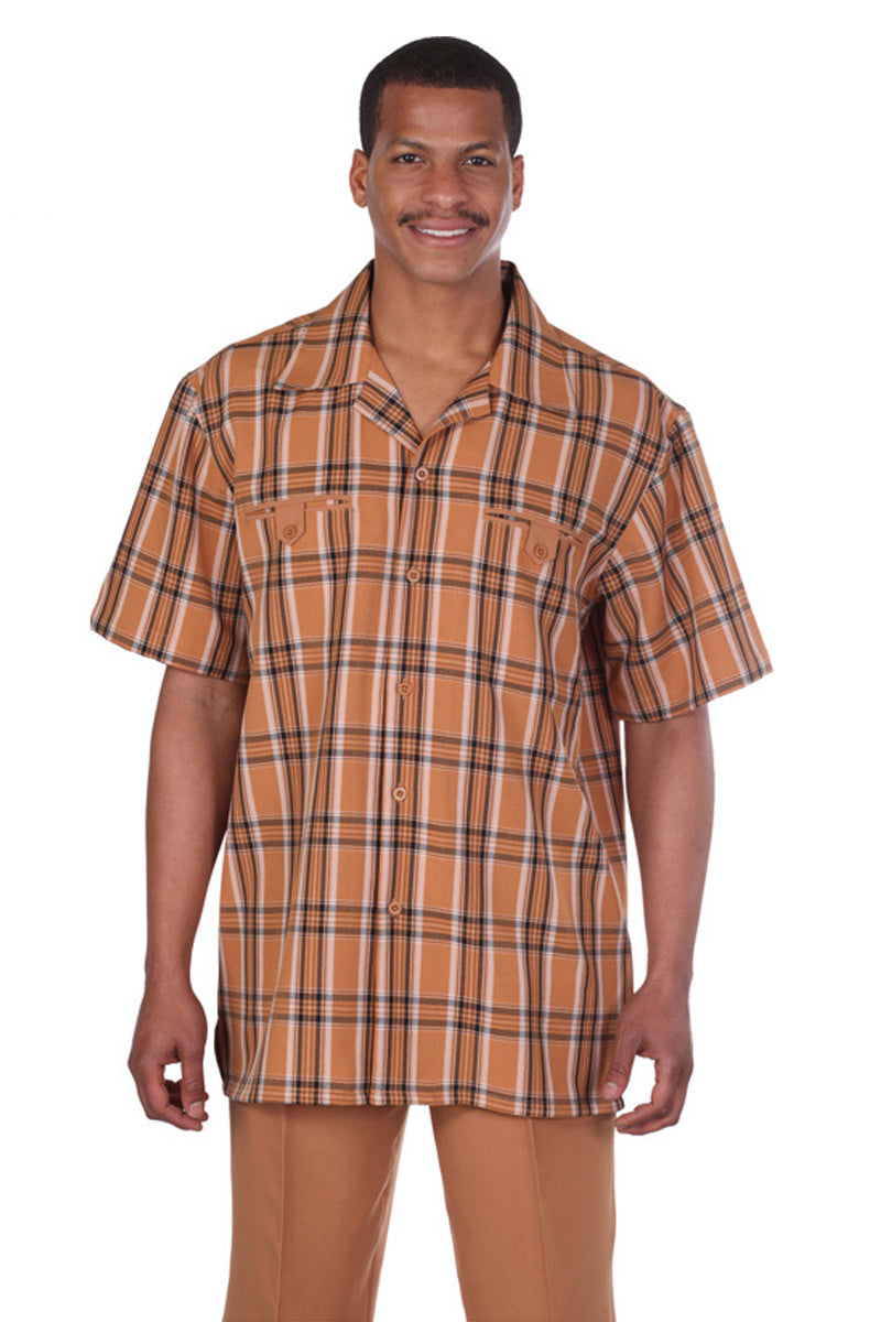 Mens Short Sleeve Plaid Walking Suit in Rust