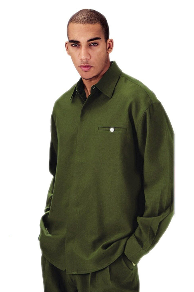 Mens Casual Long Sleeve French Front Leisure Set in Olive