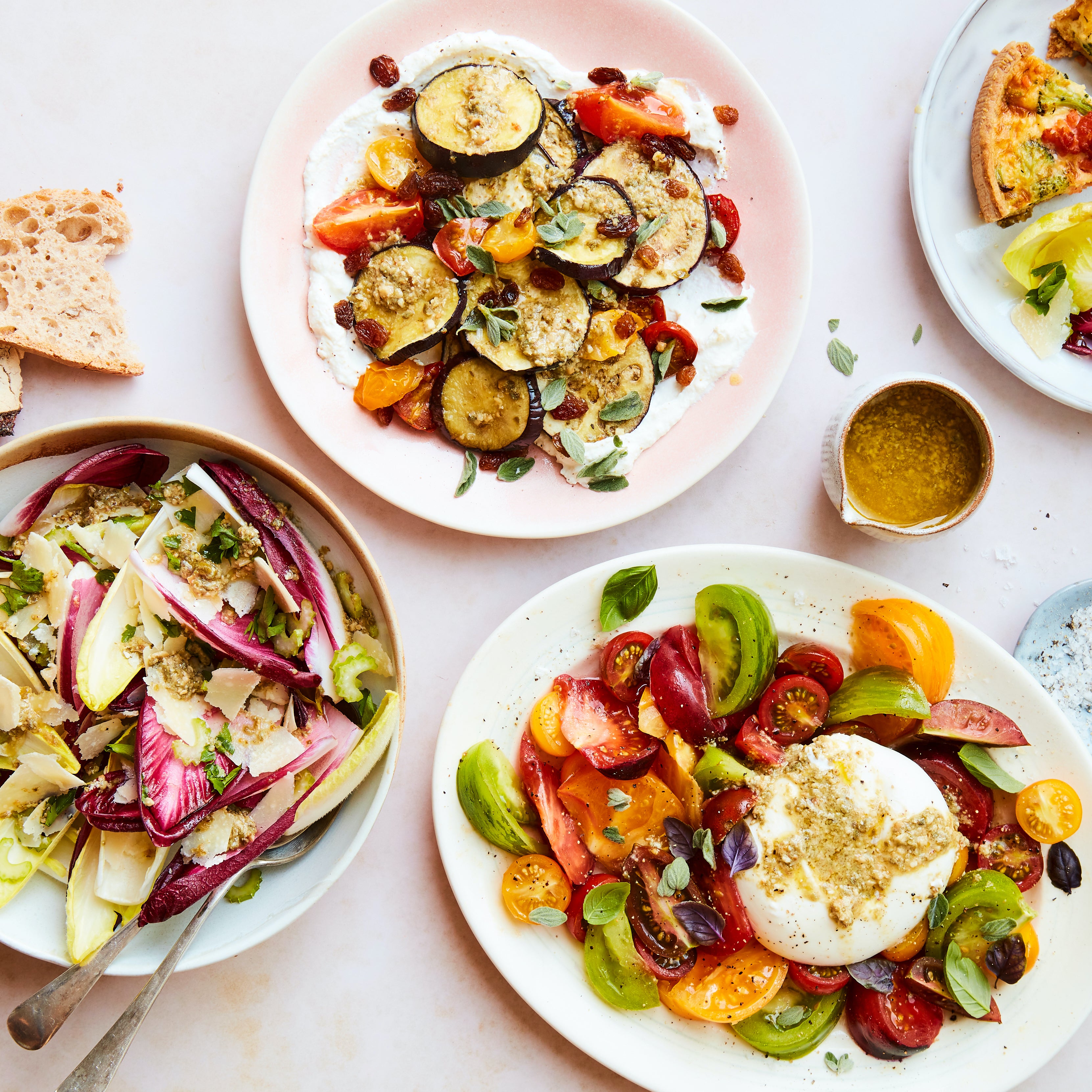 Roasted pine nut dressing and platters of food