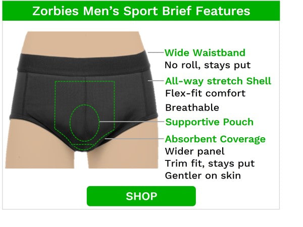 infographic - zorbies men's sport brief features showing why they are better than incontinence pads for male runners