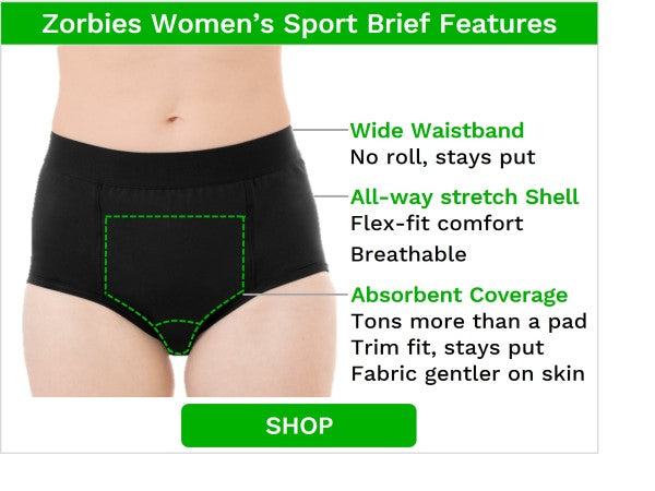 infographic - women's leak proof sport brief for runners outlining features that make these briefs better than incontinence pads for runners