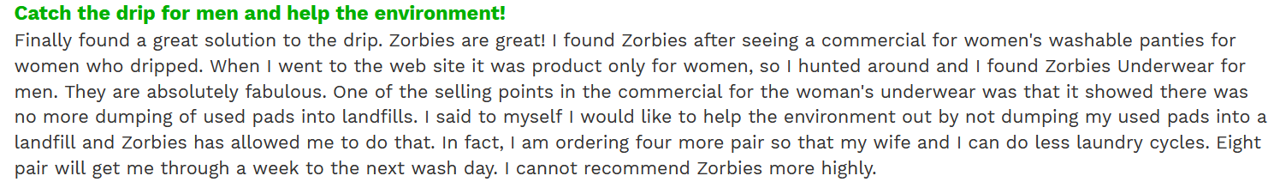 customer review about eco-friendliness of washable vs. disposable incontinence products