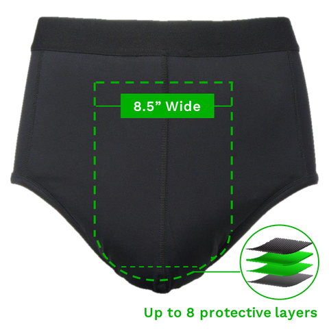 Men's Reusable Incontinence Brief diagram - 8.5" wide front protection panel, up to 8 layers of leak protection