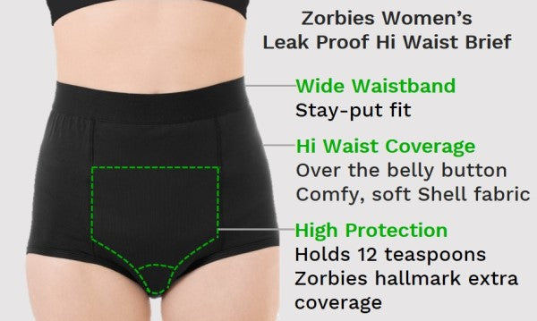 Zorbies Ladies Washable Incontinence Hi Waist Briefs - NOT Flimsy