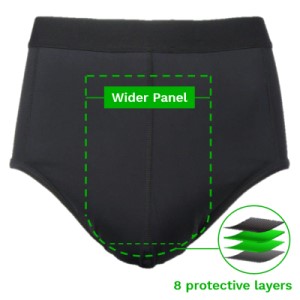 zorbies reusable incontinence underwear absorbency system features - wider front panel & up to 8 protective layers