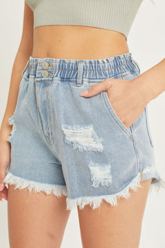 Stretch Waist Denim Frayed Shorts