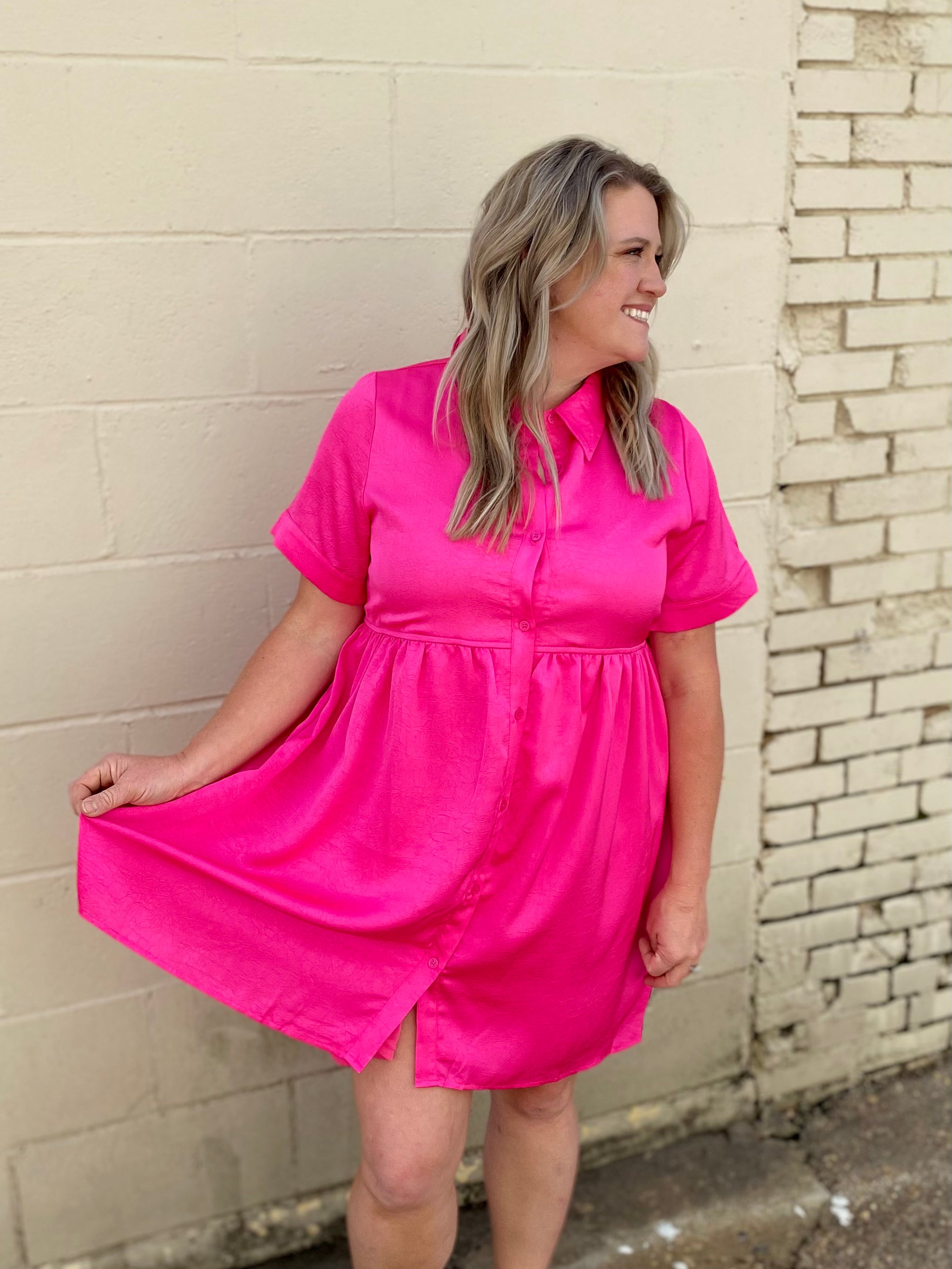 Pink Dreams Satin Button Dress