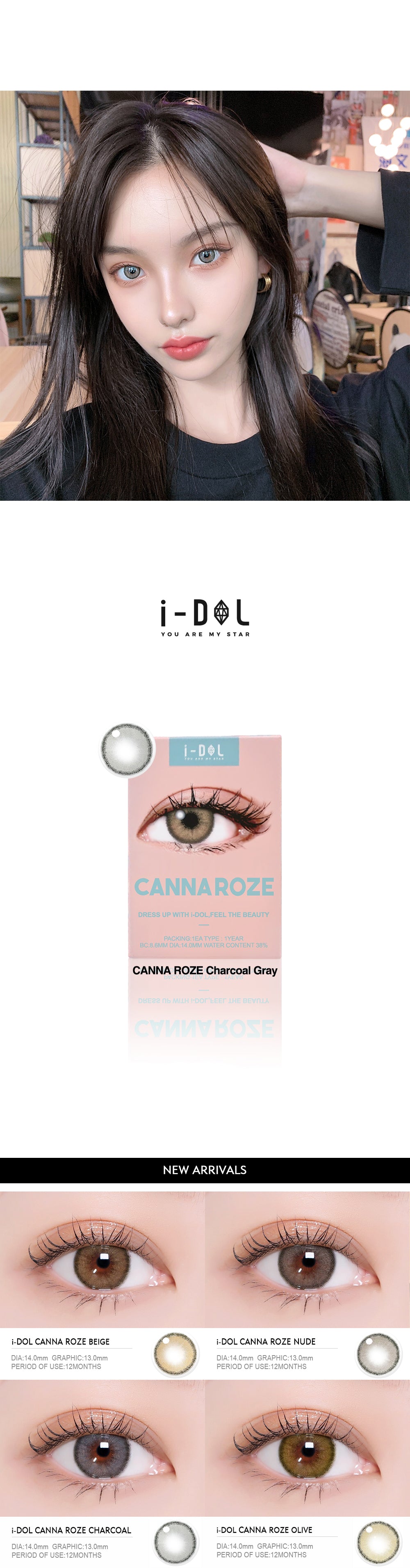 【韩国直邮】半年抛 I-DOL 黛蓝灰 CANNA ROZE Charcoal Gray 1片装 -1.00(100)