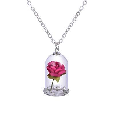 Beauty and Beast Inspired Red Rose in Dome Pendant Necklace 0