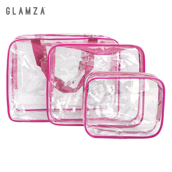 Glamza 3pc Clear Travel Bags Set - Pink or Black 5