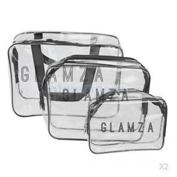 Glamza 3pc Clear Travel Bags Set - Pink or Black 12