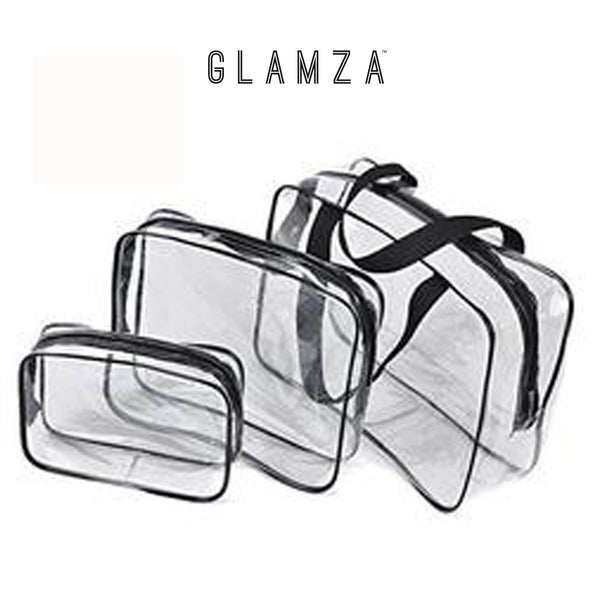 Glamza 3pc Clear Travel Bags Set - Pink or Black 2