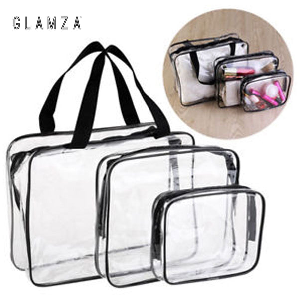 Glamza 3pc Clear Travel Bags Set - Pink or Black 8