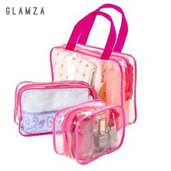 Glamza 3pc Clear Travel Bags Set - Pink or Black 11