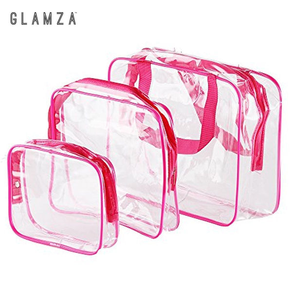 Glamza 3pc Clear Travel Bags Set - Pink or Black 10