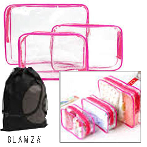 Glamza 3pc Clear Travel Bags Set - Pink or Black 4