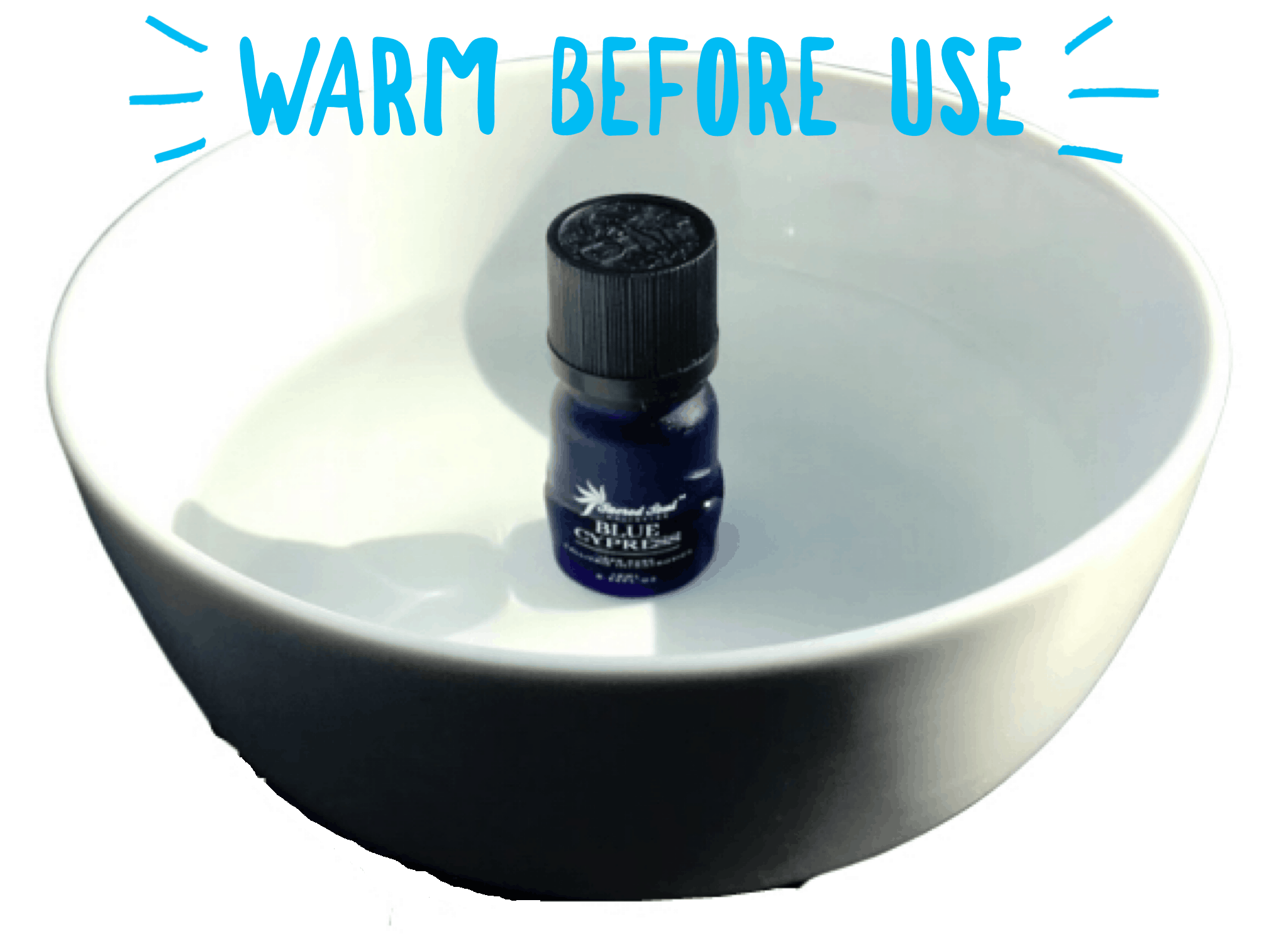 warm blue cypress oil in a bowl of water before use