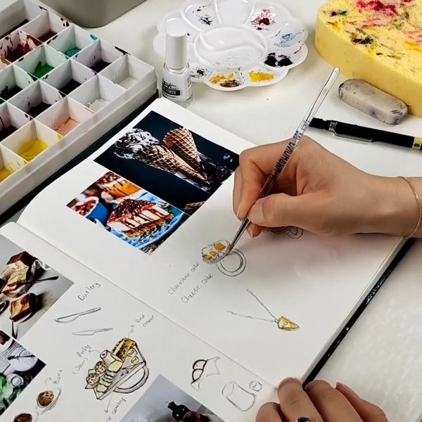 Qiang Li sketching a ring inspired by breakfast for her new Muesli collection