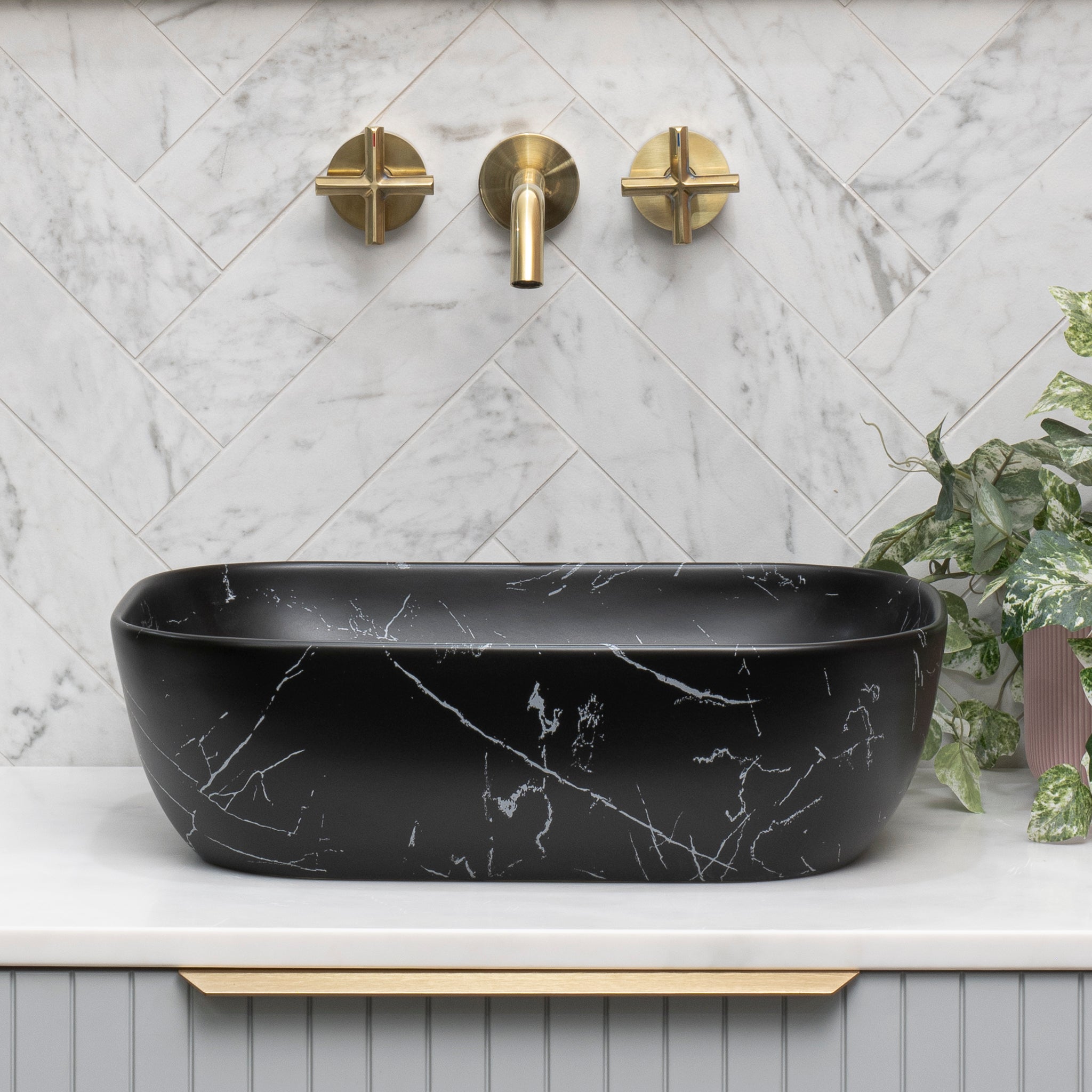 Julio 455mm x 325mm Above-Counter Basin, Fired Matte Nero Marquina