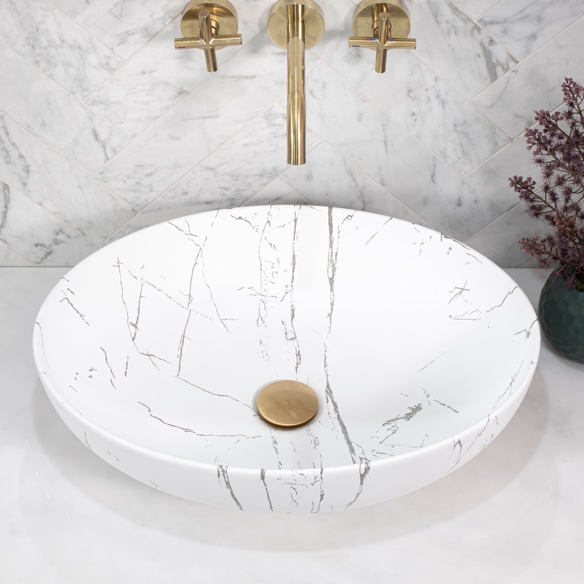 Ellipse 520mm x 395mm Above-Counter Basin, Matte Calacatta