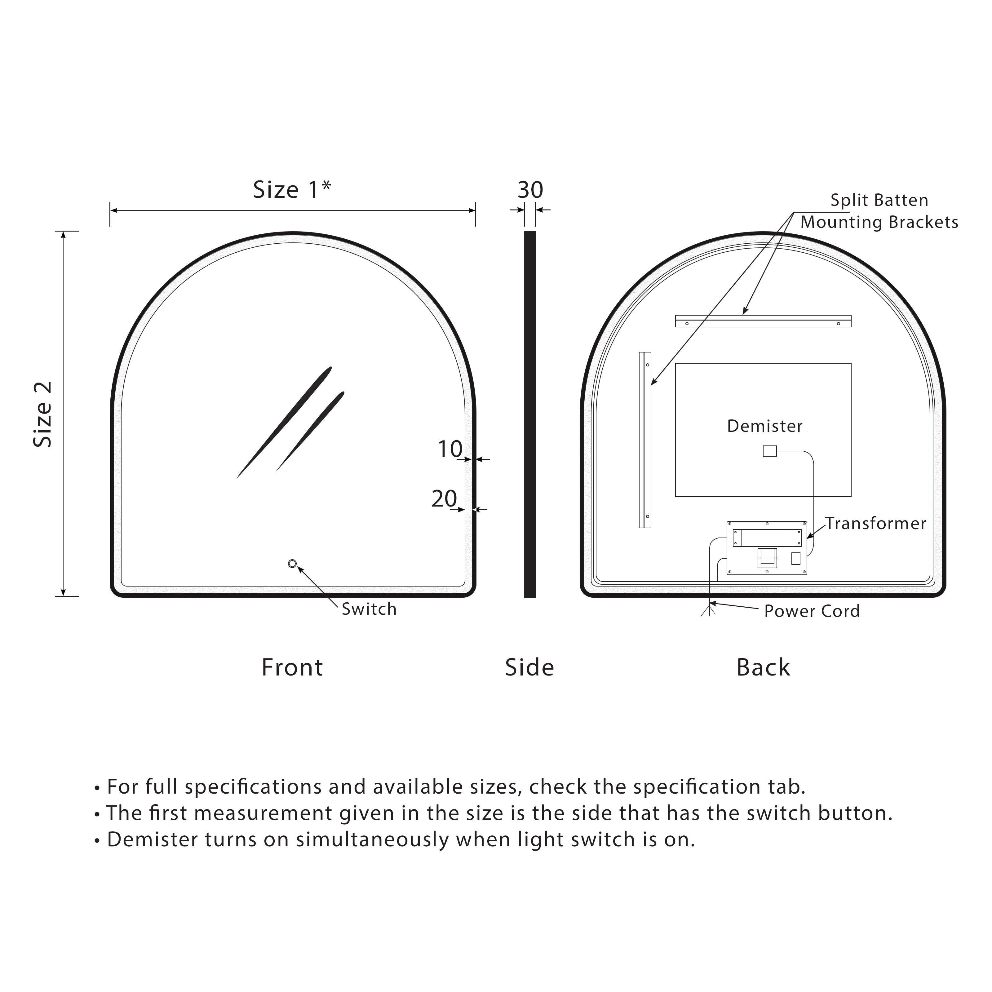 Arco Arch 1500mm x 1000mm Frontlit LED Mirror with Matte Black Frame and Demister