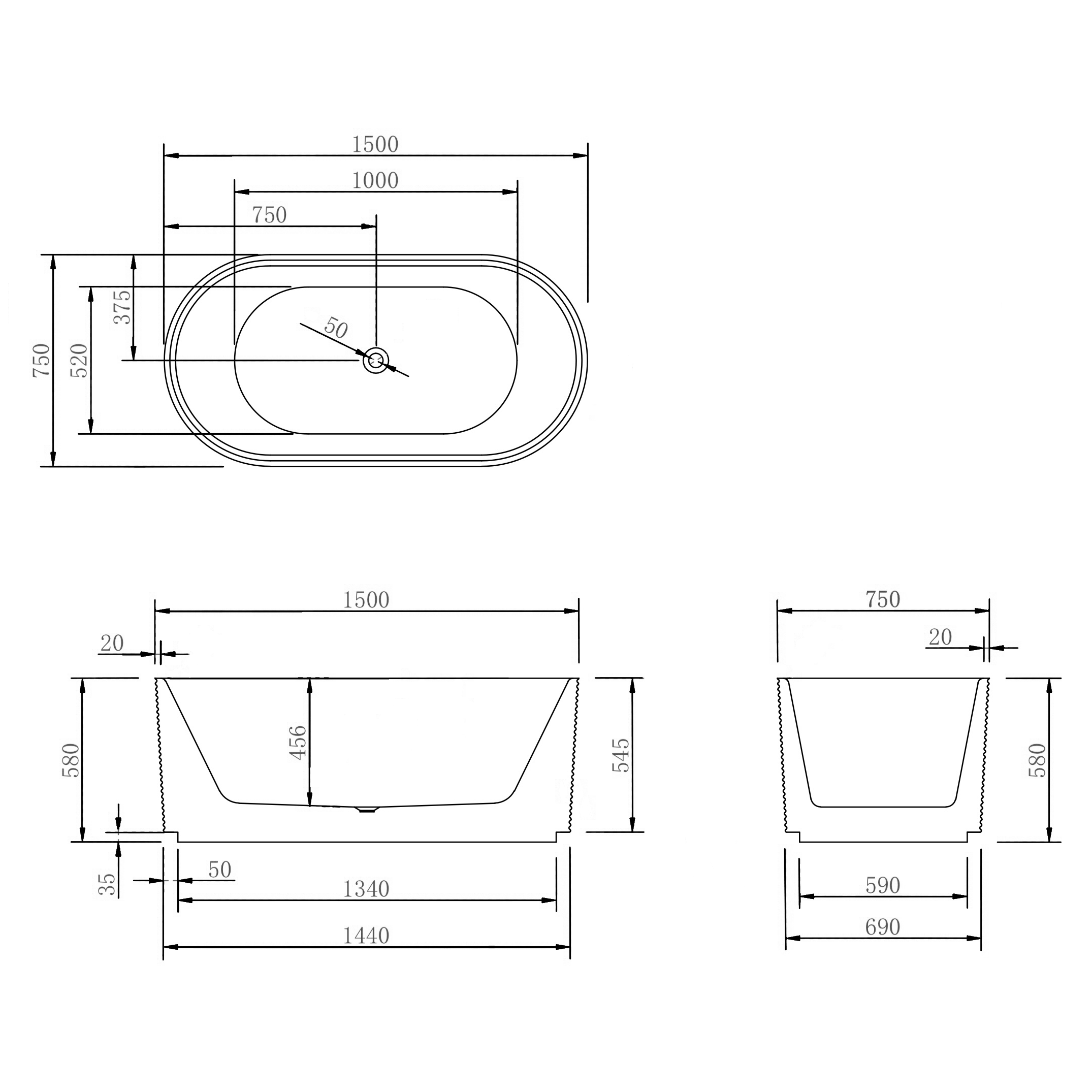 Brighton Corrugated 1500mm Ribbed Oval Freestanding Bath, Matte Black