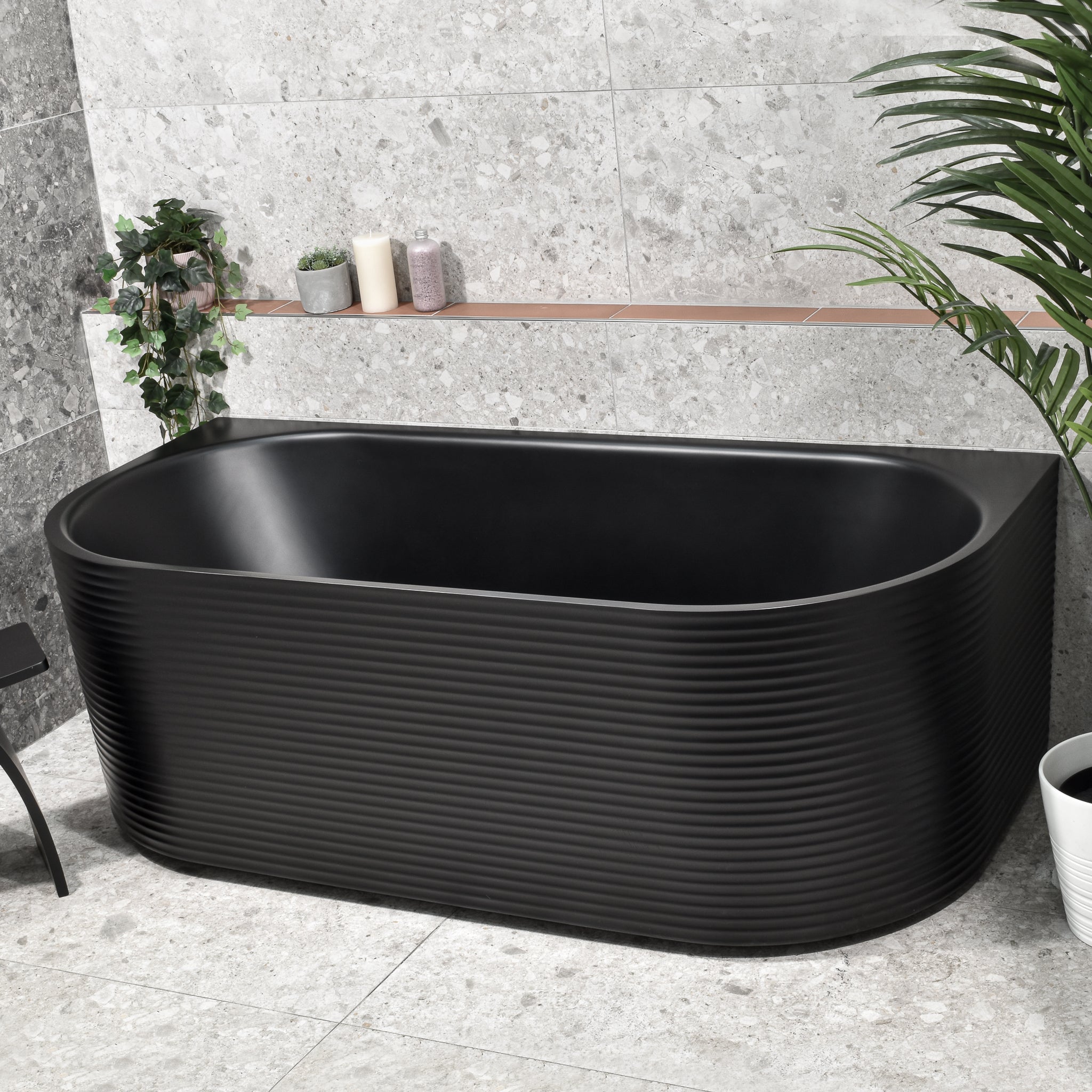 Brighton Corrugated 1700mm Ribbed Back to Wall Freestanding Bath, Matte Black