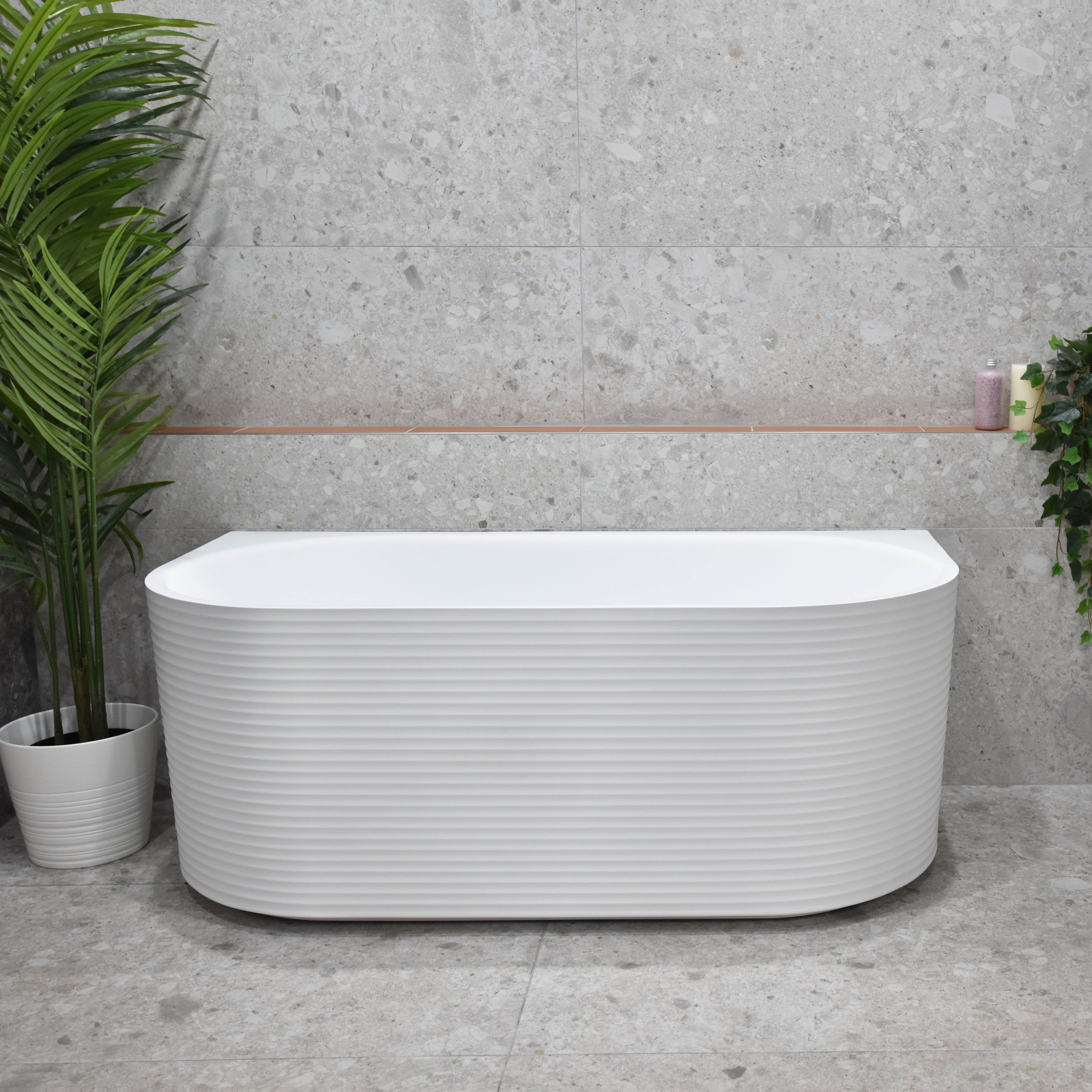 Brighton Corrugated 1700mm Ribbed Back to Wall Freestanding Bath, Matte White