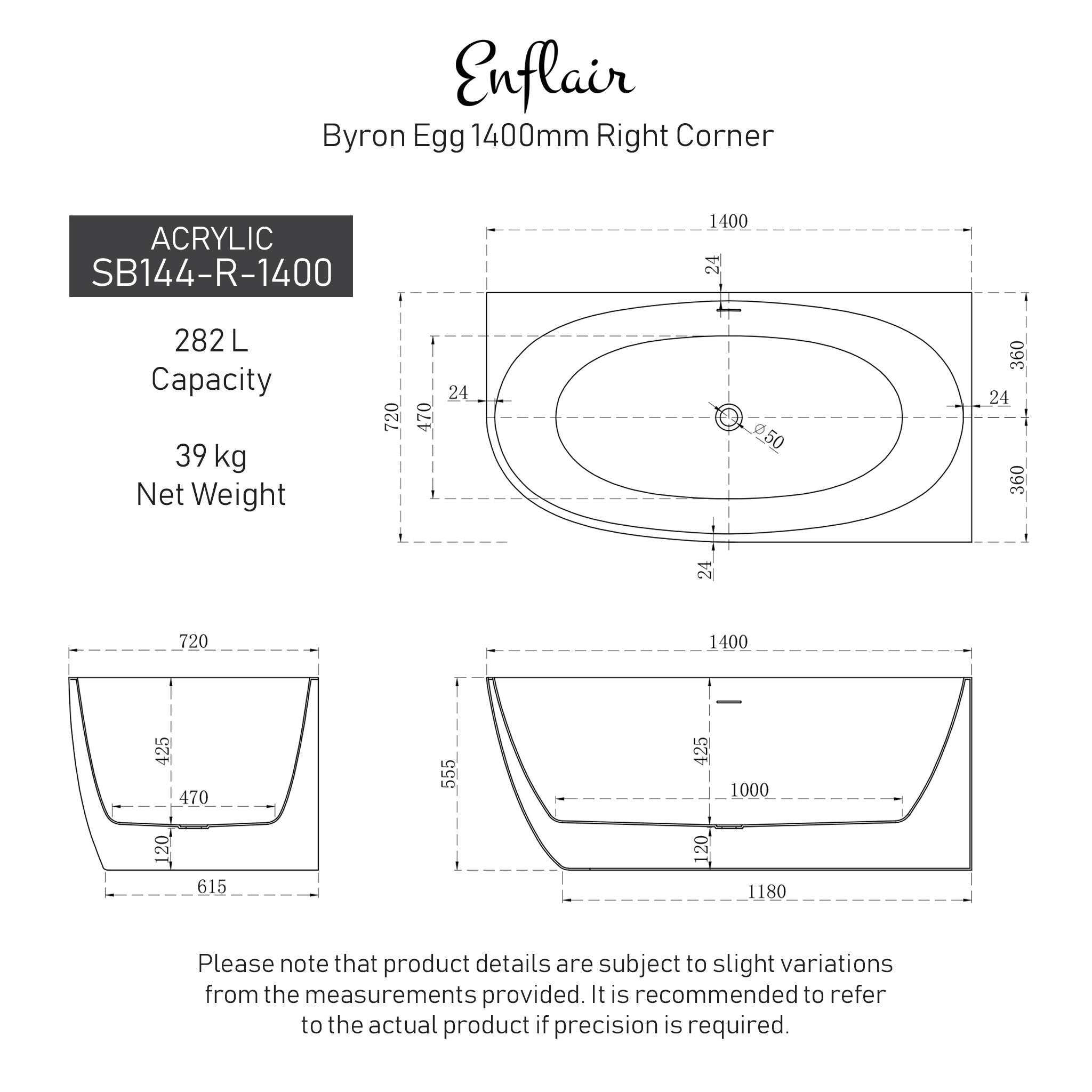 Byron Egg 1400mm Right Corner Freestanding Bath, Matte White